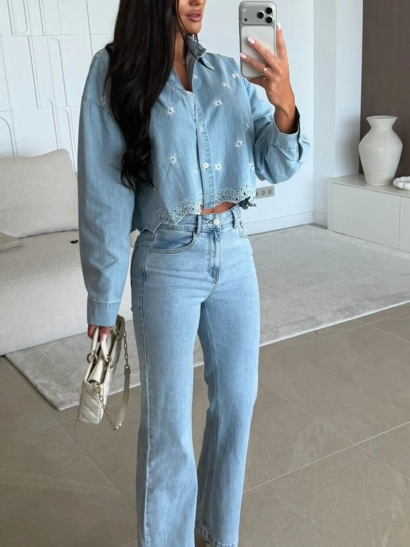 Embroidered Cropped Denim Shirt  Style Ratio