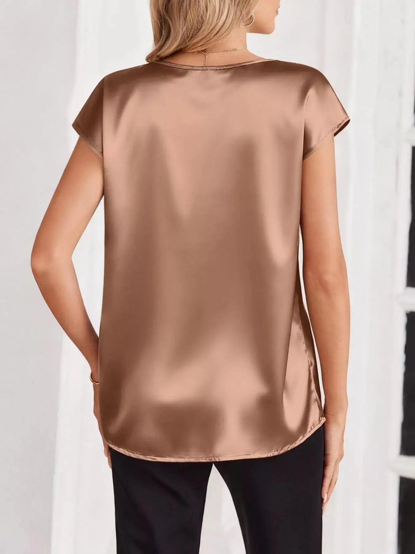 Satin V-Neck Cap Sleeve Blouse  Style Ratio