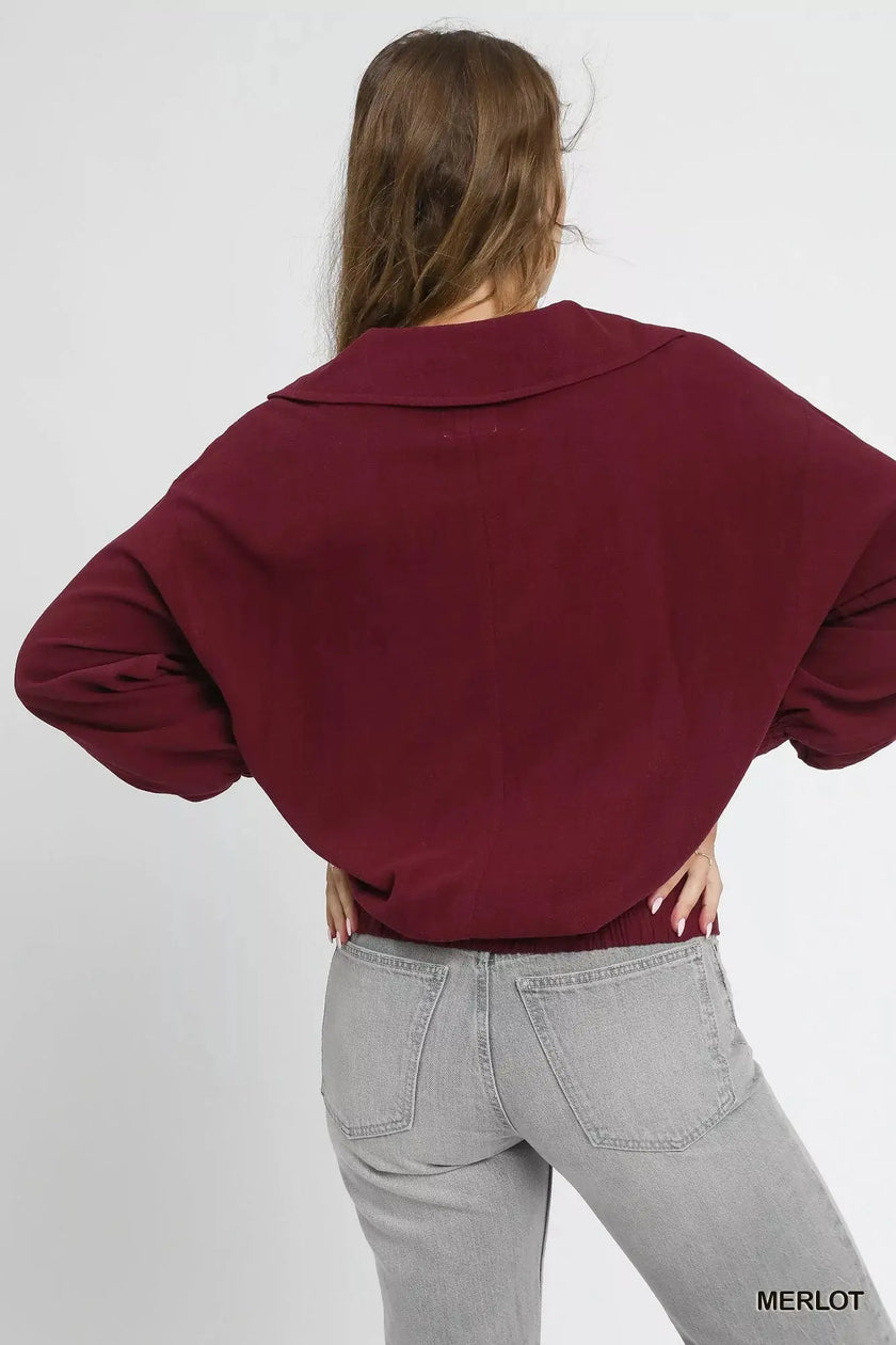 Umgee Linen Long Sleeves Elastic Hem Blouse  Style Ratio