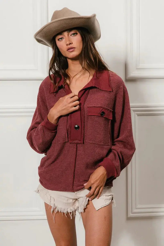 BiBi Cp French Terry Cut Edge Detail Collared Long Sleeve Shirt  Style Ratio