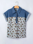 Floral Print Denim Patchwork Shirt  Style Ratio