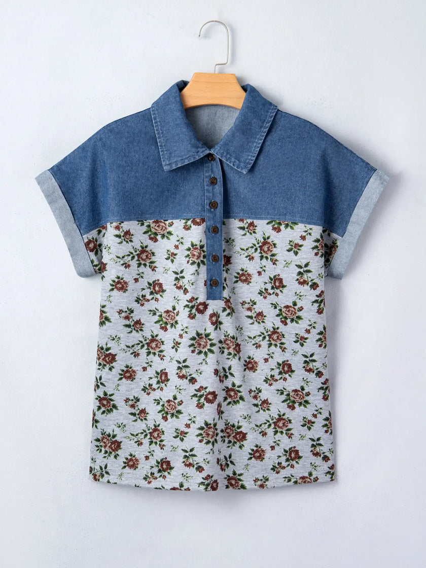 Floral Print Denim Patchwork Shirt  Style Ratio