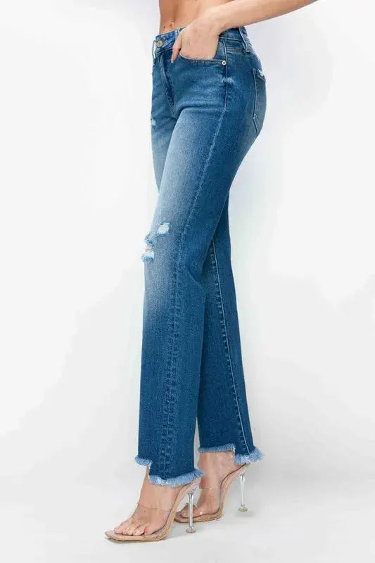 bytos Full Size Raw Hem Distressed Mid Rise Straight Jeans  Style Ratio