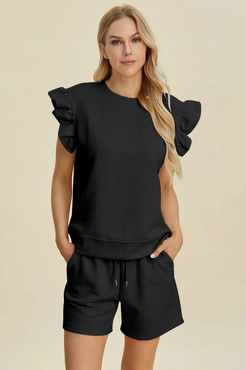 Double Take Full Size Texture Round Neck Ruffle Sleeve Top and Shorts Set  Style Ratio