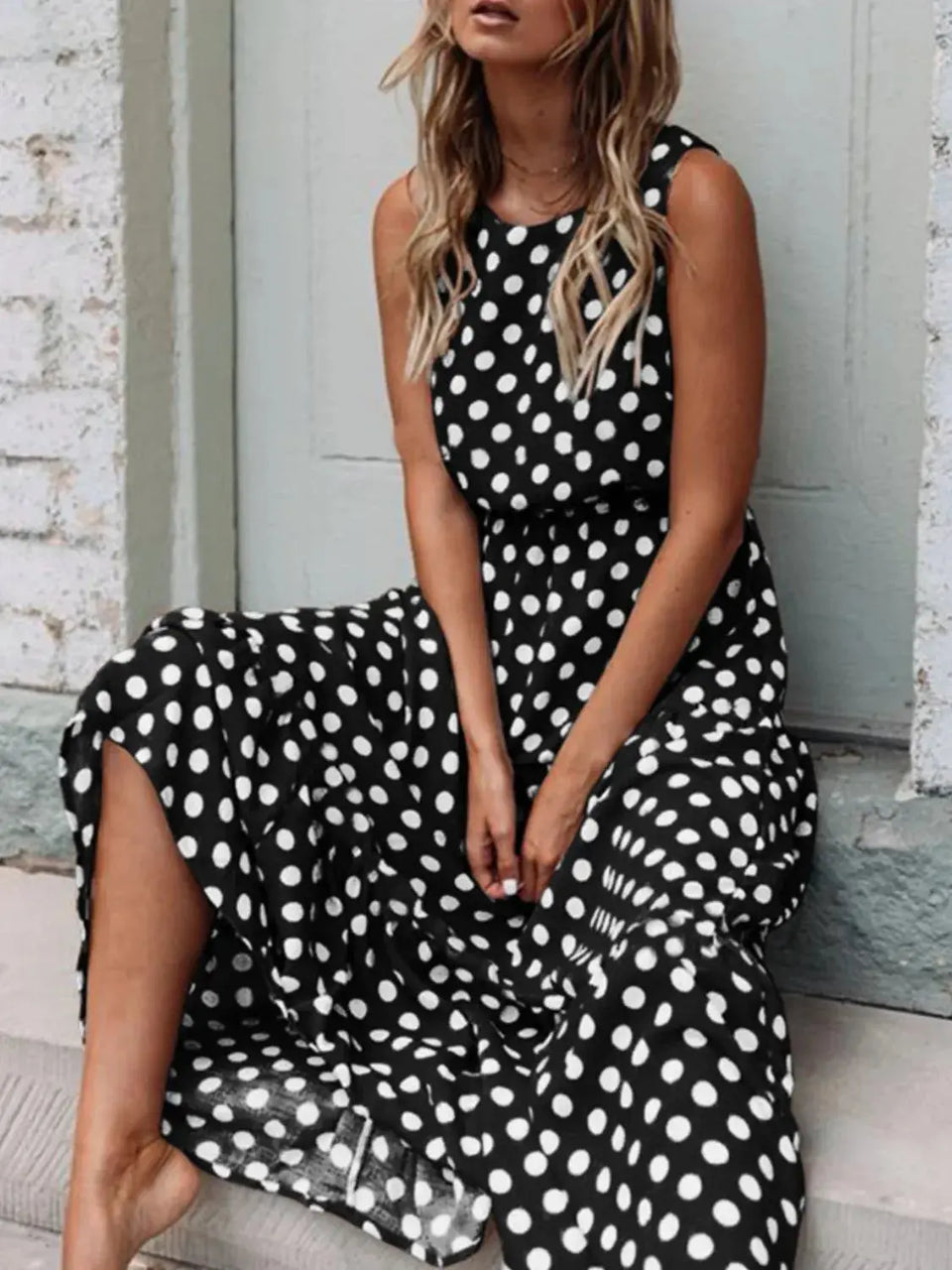 Polka Dot Round Neck Sleeveless Midi Dress  Style Ratio