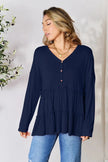 Double Take Half Button Long Sleeve Ruffle Hem Blouse  Style Ratio