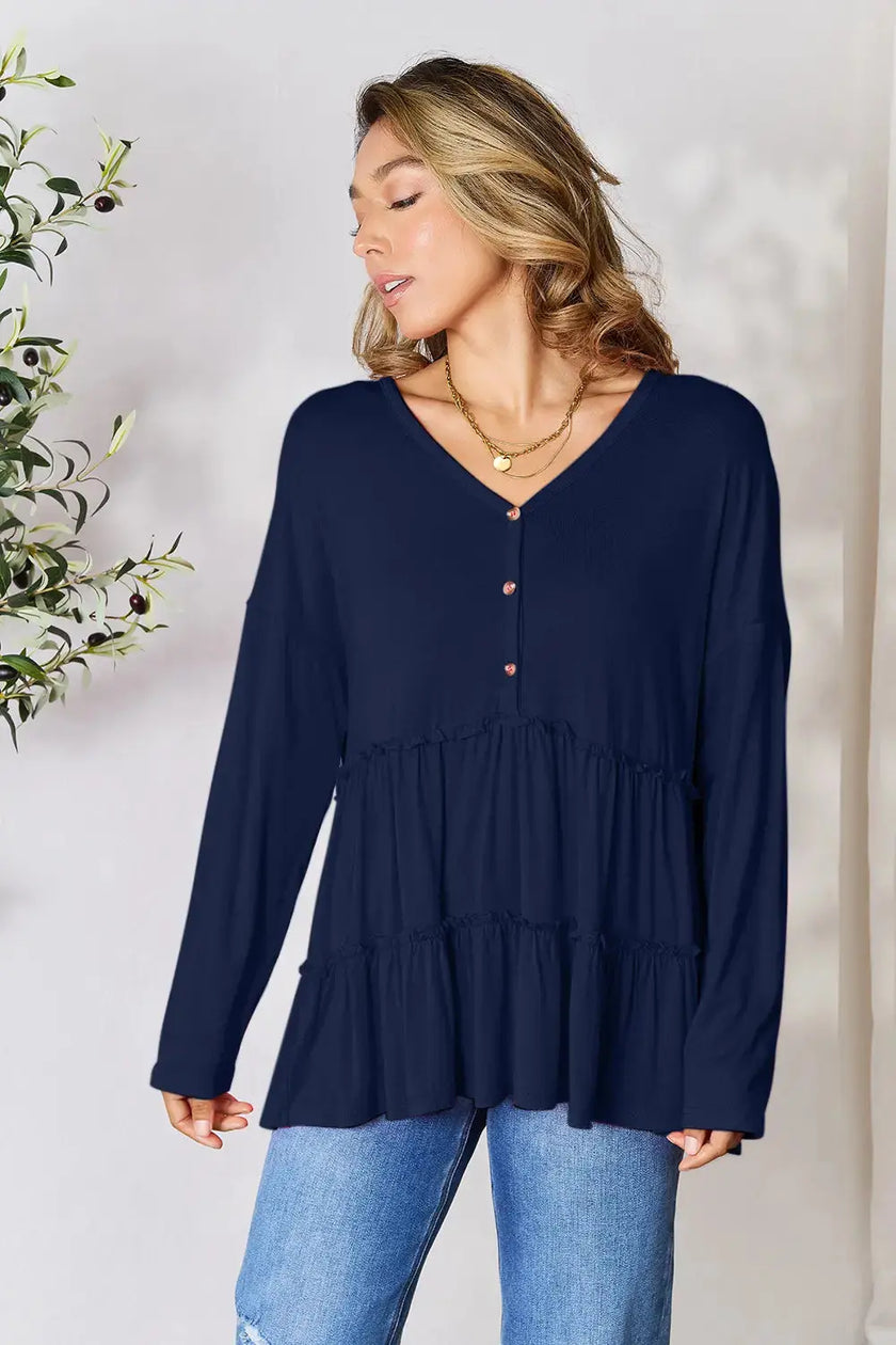 Double Take Half Button Long Sleeve Ruffle Hem Blouse  Style Ratio