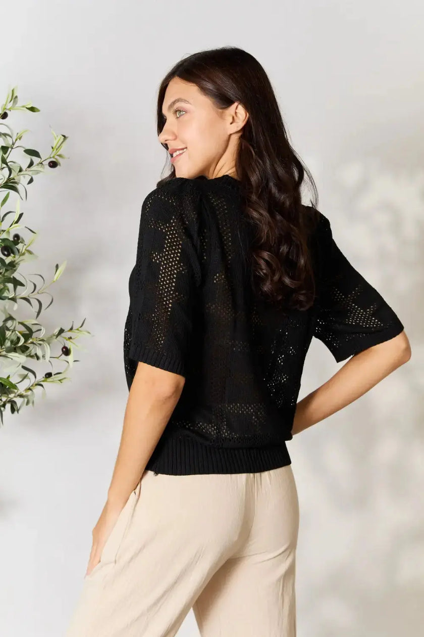 Mandy Ribbed Trim Round Neck Knit Blouse  Style Ratio