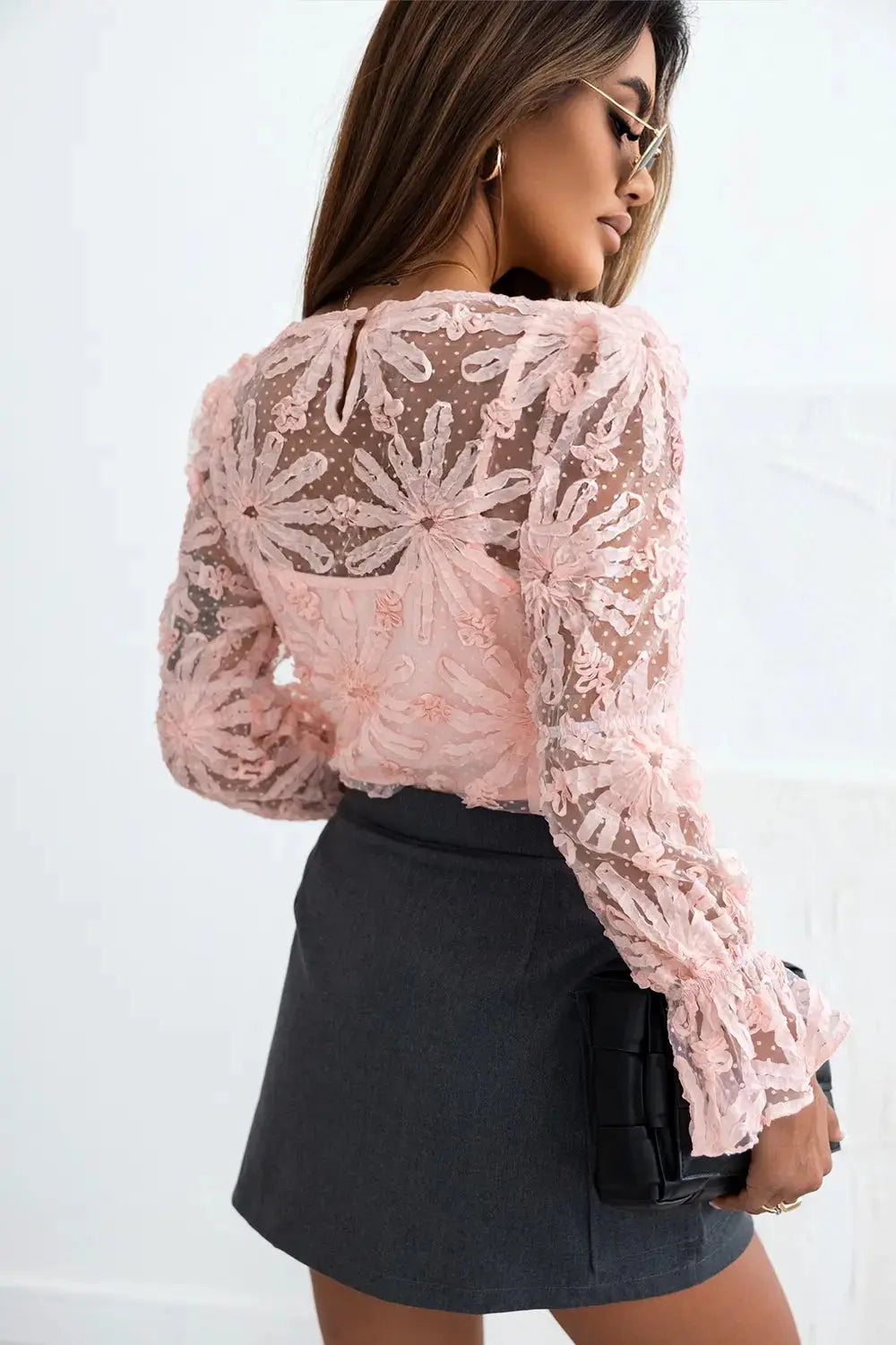 Flower Dotted Ruffled Sleeve Mesh Top  Style Ratio