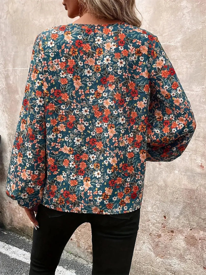 Printed V-Neck Balloon Sleeve Blouse  Style Ratio
