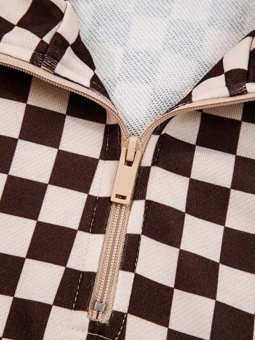 Checkered Drawstring Hoodie and Pants Set  Style Ratio