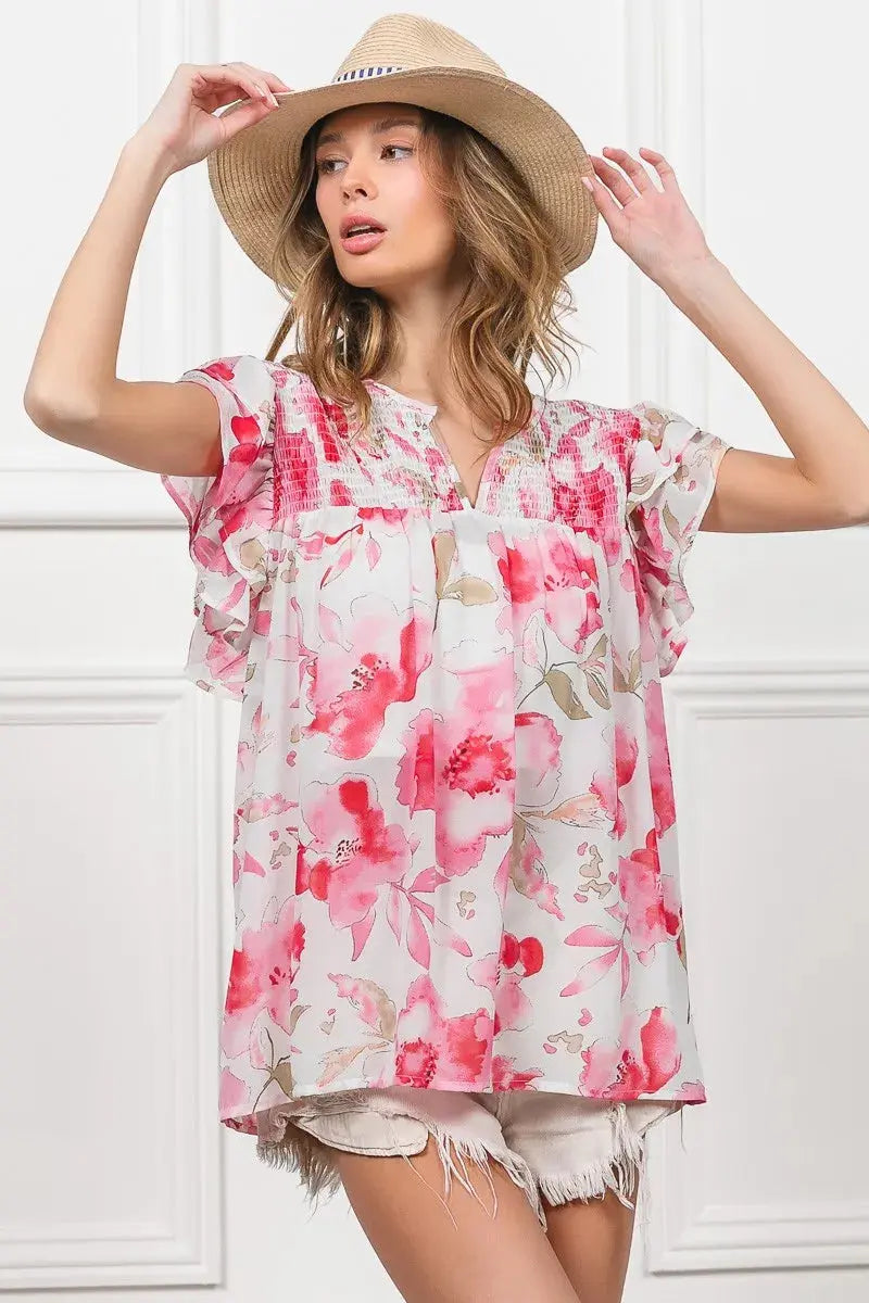 BiBi Floral Print Flutter Sheer Blouse  Style Ratio
