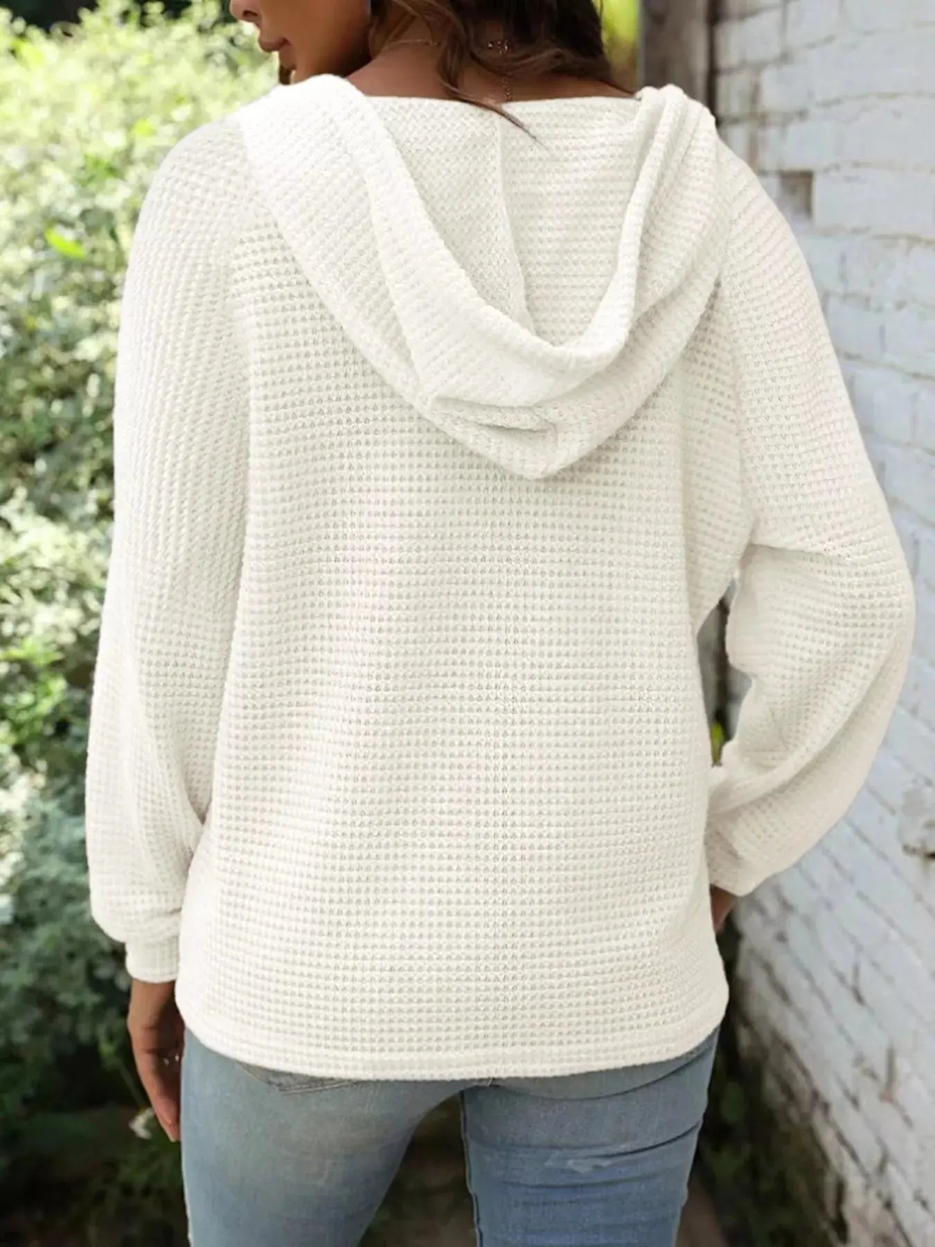 Full Size Button Detail Waffle Knit Hoodie  Style Ratio