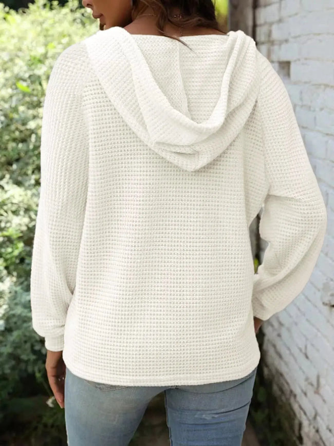Full Size Button Detail Waffle Knit Hoodie  Style Ratio
