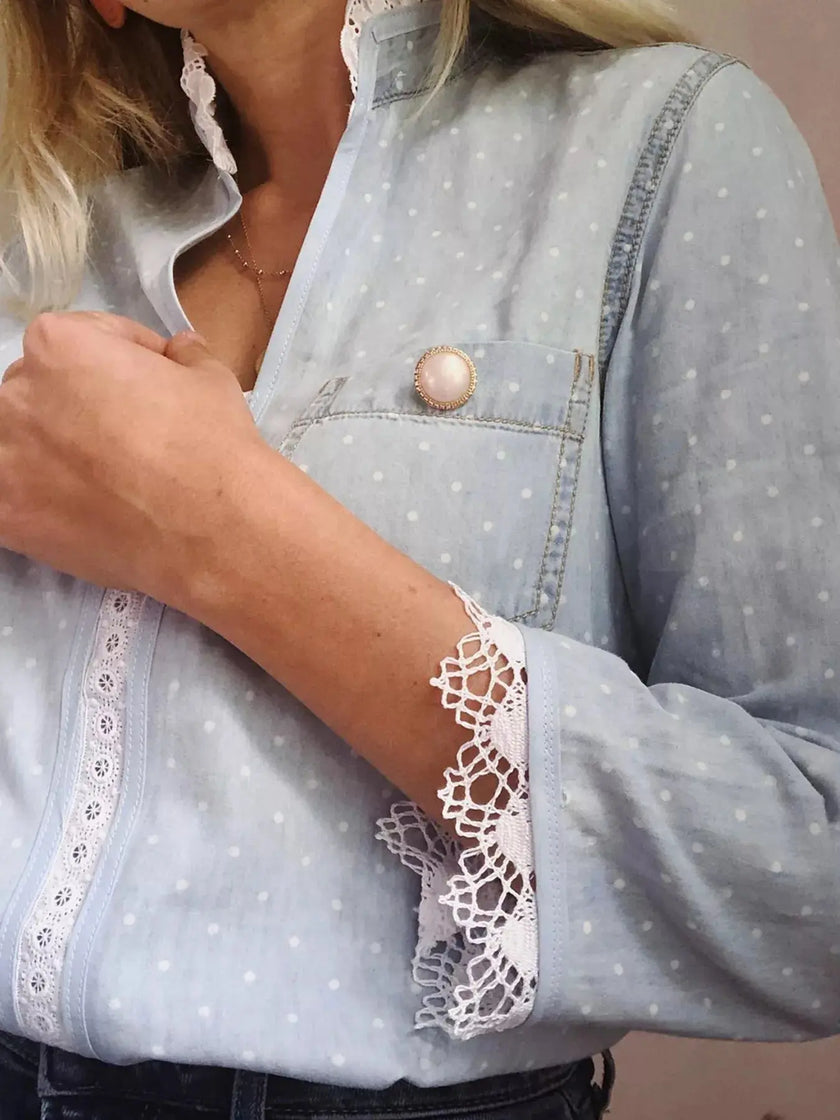 Lace Trim Patchwork Dotted Print Collared Blouse  Style Ratio