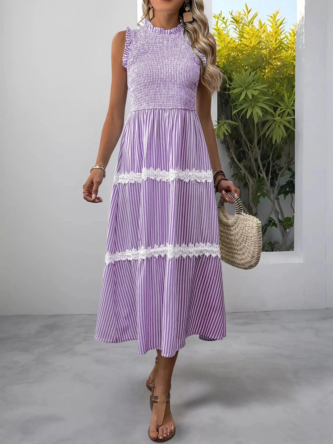 Smocked Striped Lace Trim Sleeveless Midi Dress  Style Ratio