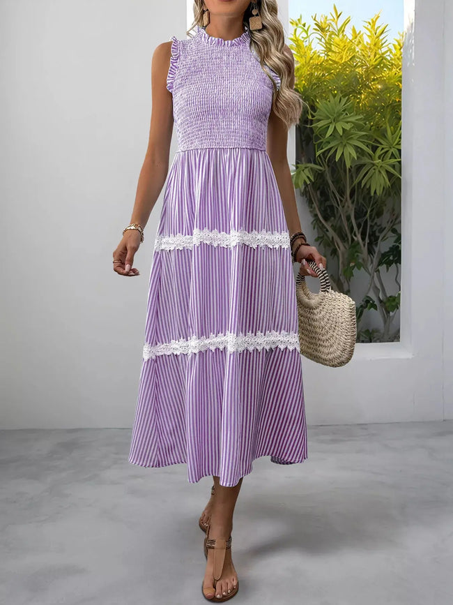Smocked Striped Lace Trim Sleeveless Midi Dress  Style Ratio