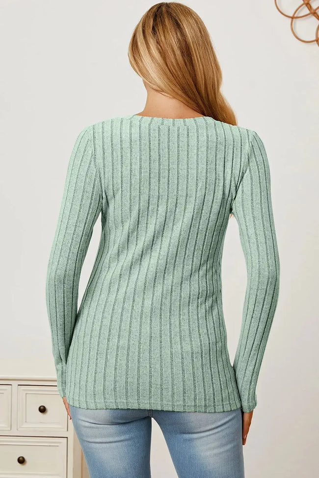 Basic Bae Full Size Ribbed V-Neck Long Sleeve Shirt  Style Ratio