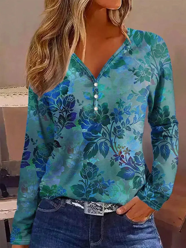 Printed V-Neck Long Sleeve Blouse  Style Ratio