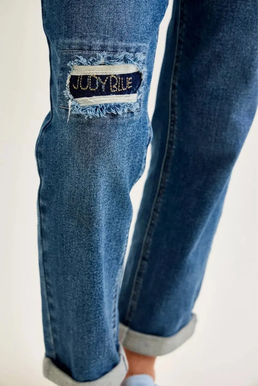 Judy Blue Mid Rise Boyfriend Embroidered Repair Patch Jeans  Style Ratio