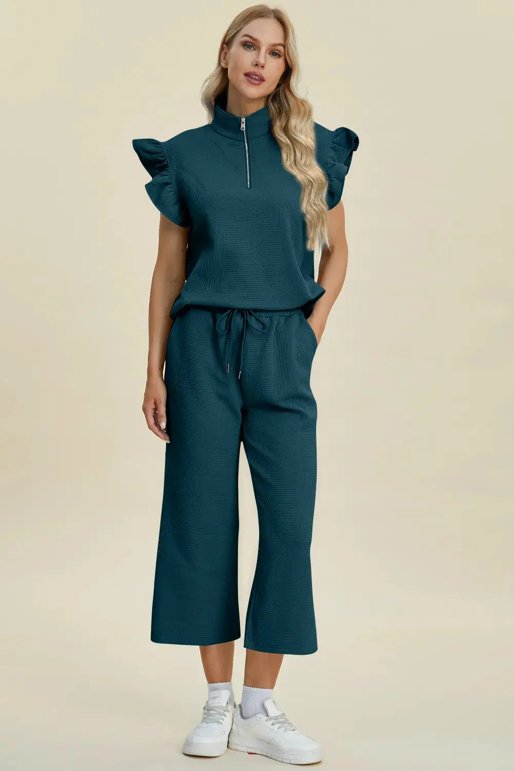Double Take Full Size Texture Ruffle Short Sleeve Top and Wide Leg Pants Set  Style Ratio