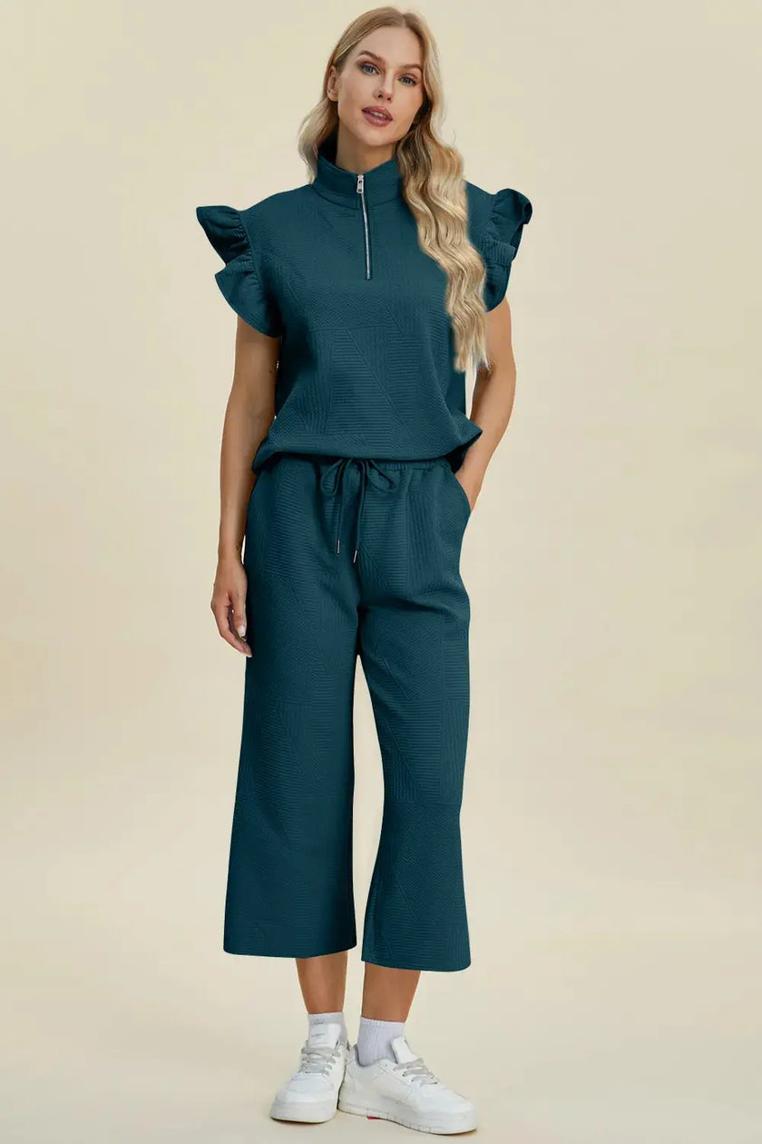 Double Take Full Size Texture Ruffle Short Sleeve Top and Wide Leg Pants Set  Style Ratio