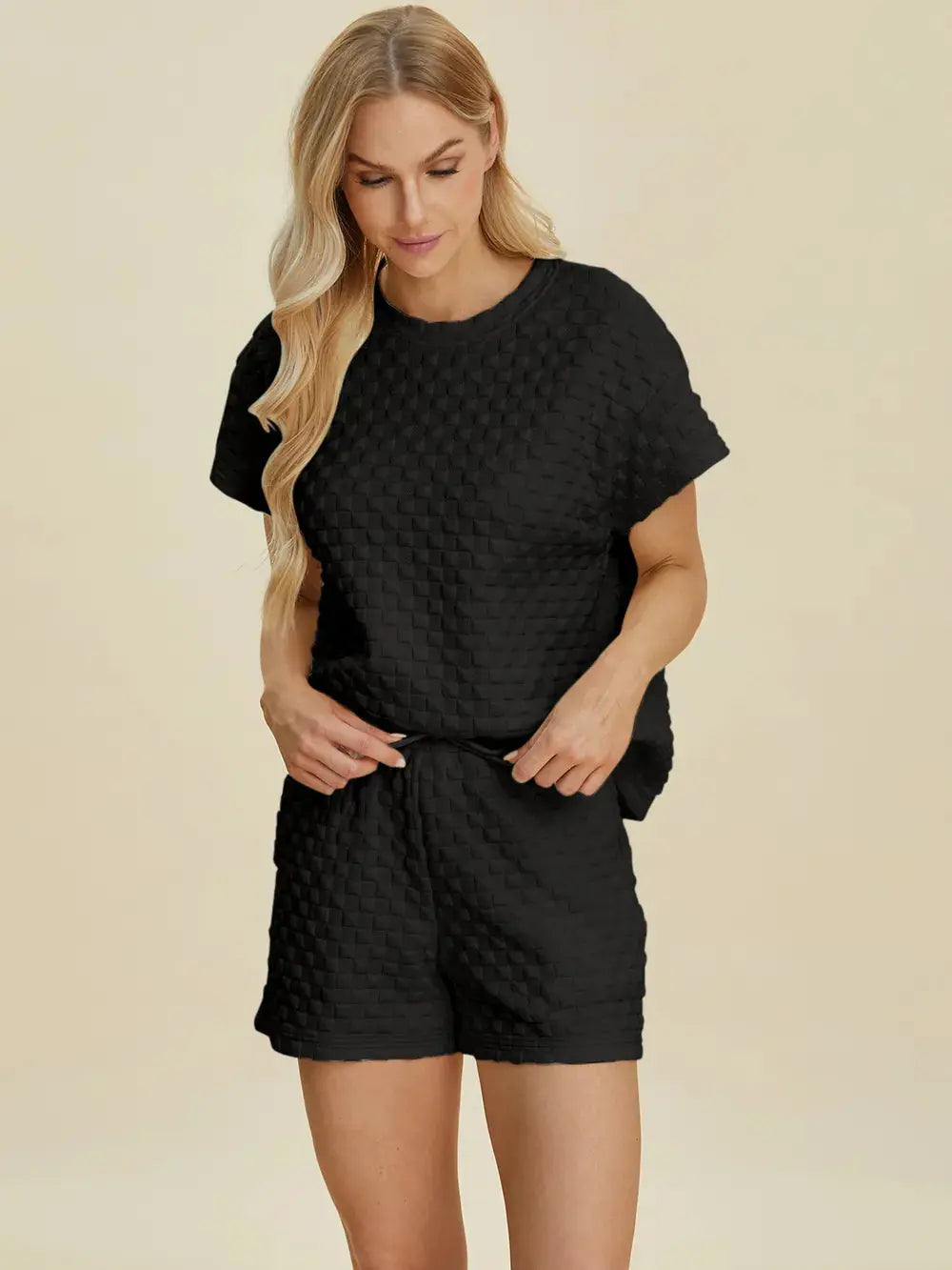 Double Take Full Size Texture T-Shirt and Shorts Set  Style Ratio