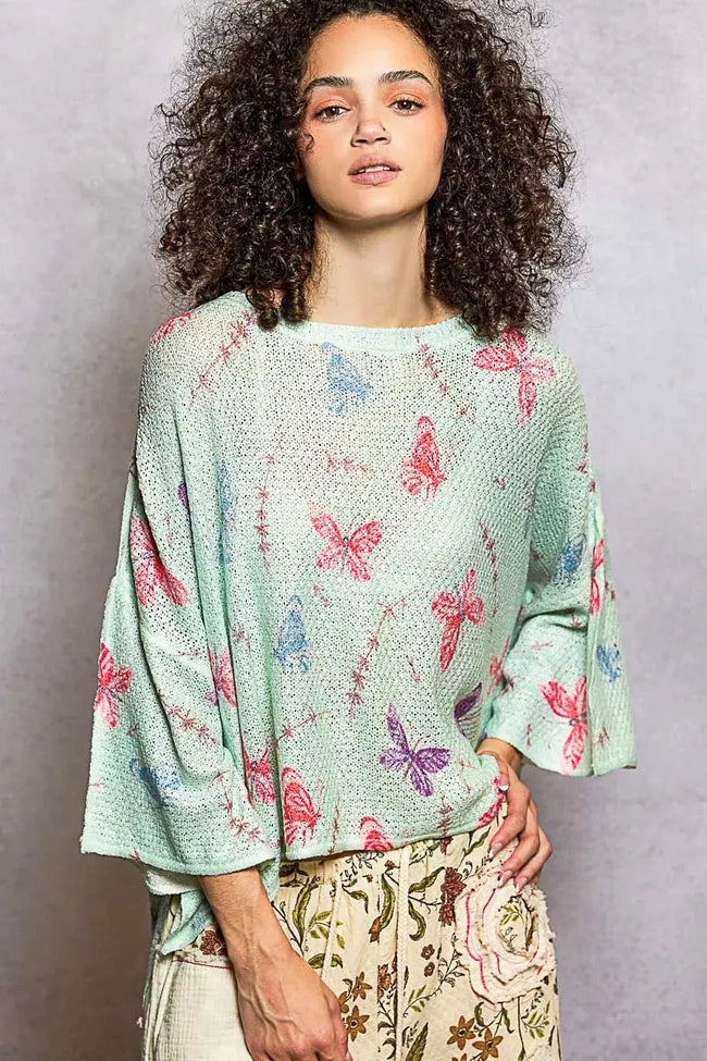 POL Butterflies Pattern Round Neck knit Top with Outseam Rolling Edge  Style Ratio