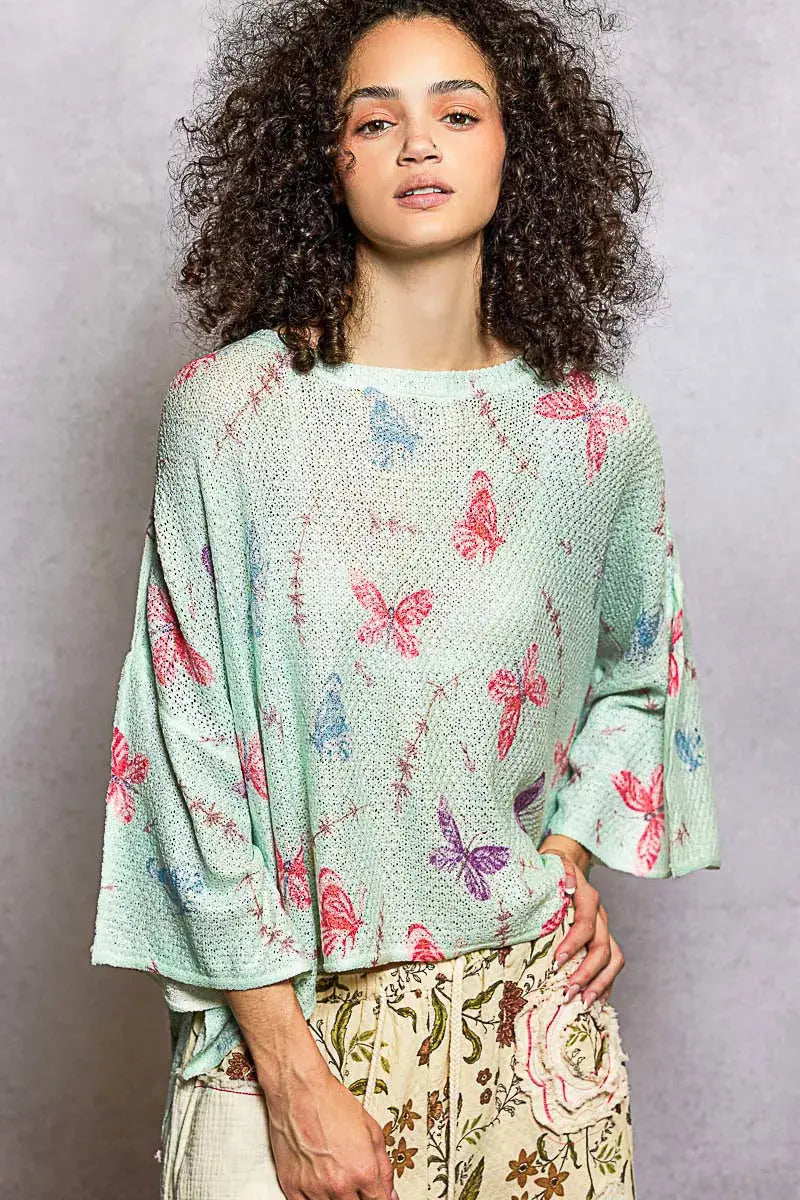 POL Butterflies Pattern Round Neck knit Top with Outseam Rolling Edge  Style Ratio