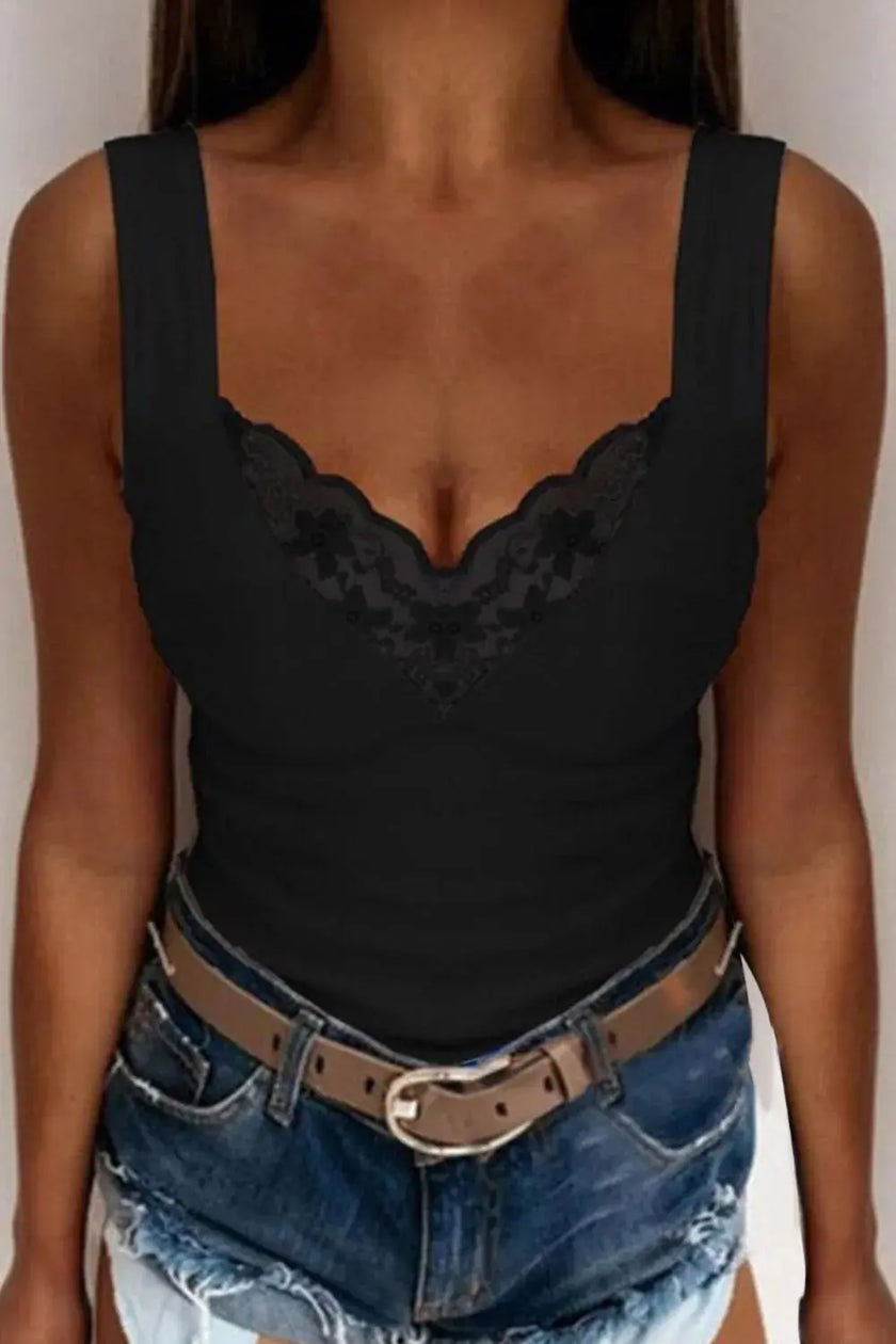 Full Size Lace Detail V-Neck Tank  Style Ratio
