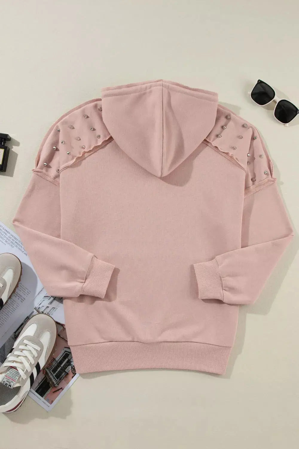 Drawstring Studded Shoulder Hoodie  Style Ratio