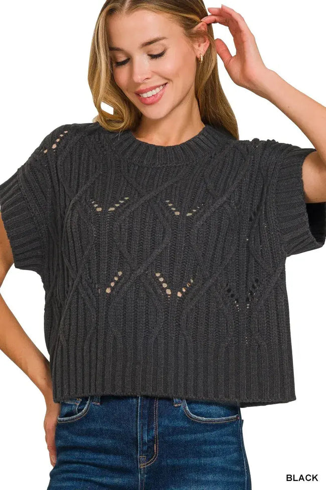 Zenana Cable Knit Short Sleeve Sweater  Style Ratio