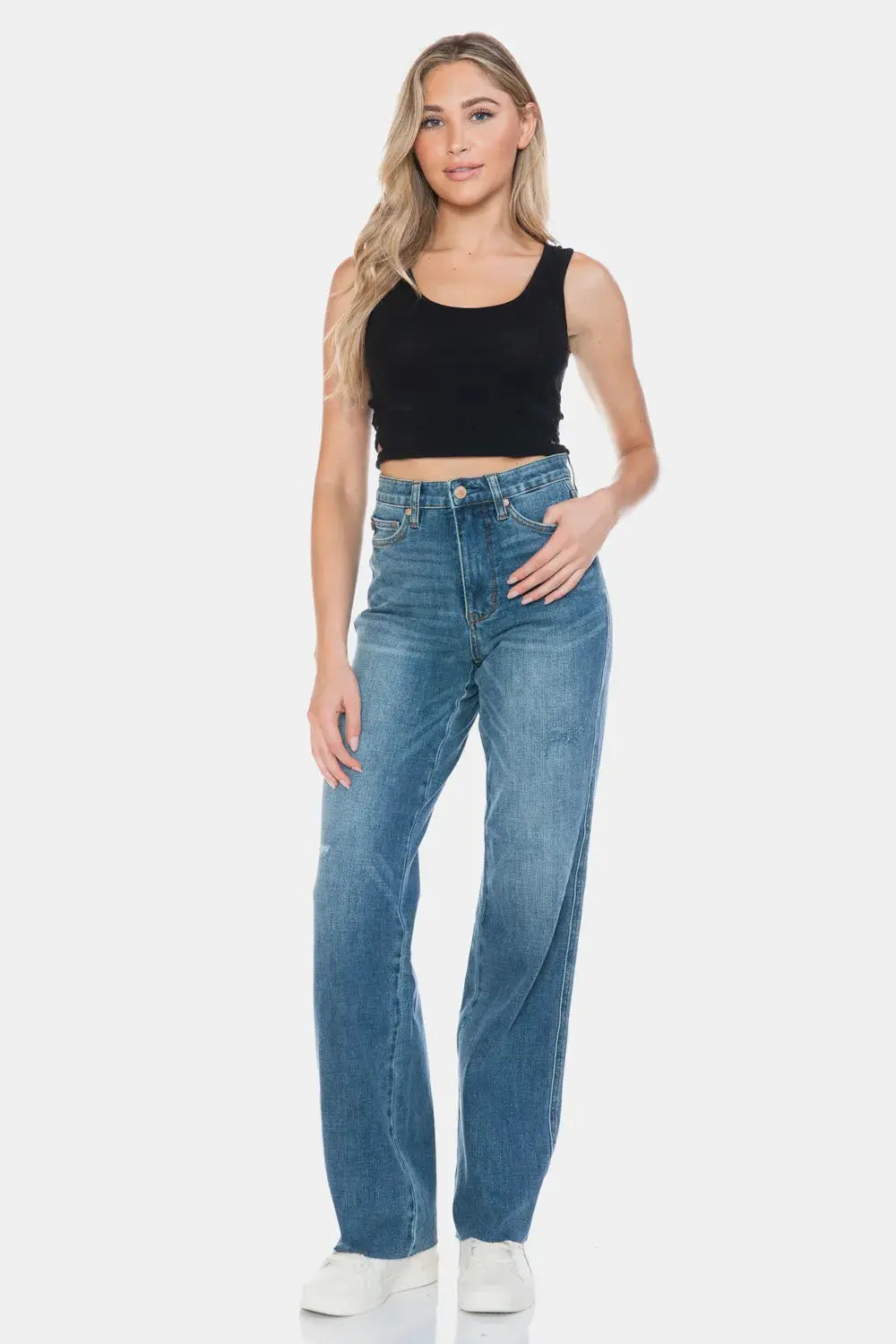 Judy Blue Full Size Tummy Control Cut Raw Hem Straight Jeans  Style Ratio