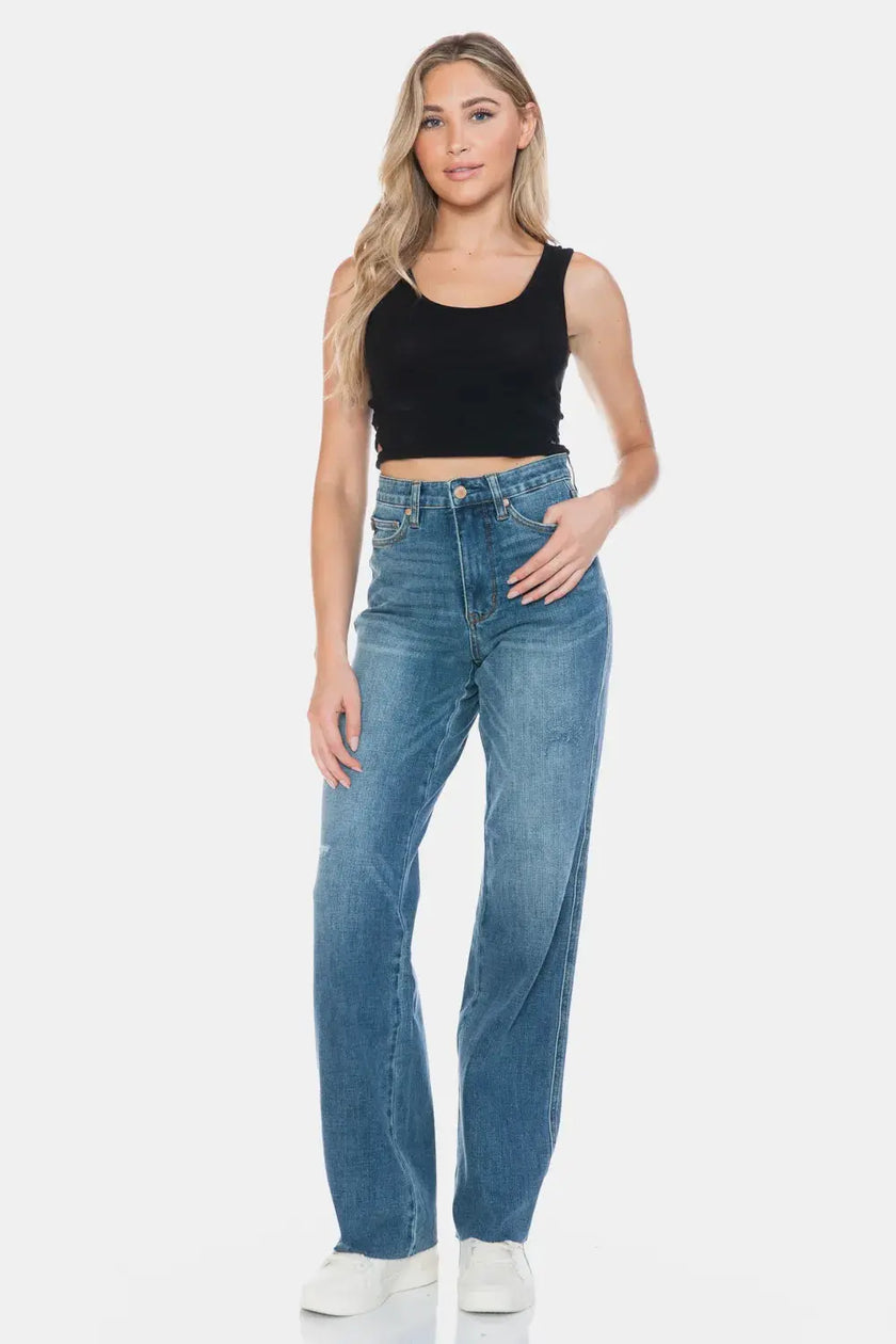 Judy Blue Full Size Tummy Control Cut Raw Hem Straight Jeans  Style Ratio