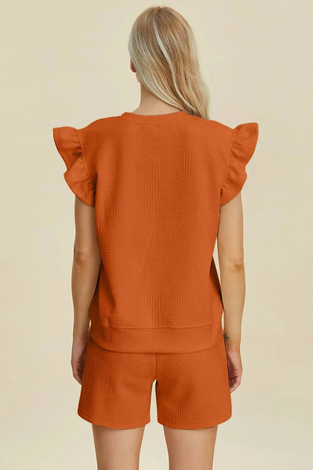 Double Take Full Size Texture Round Neck Ruffle Sleeve Top and Shorts Set  Style Ratio