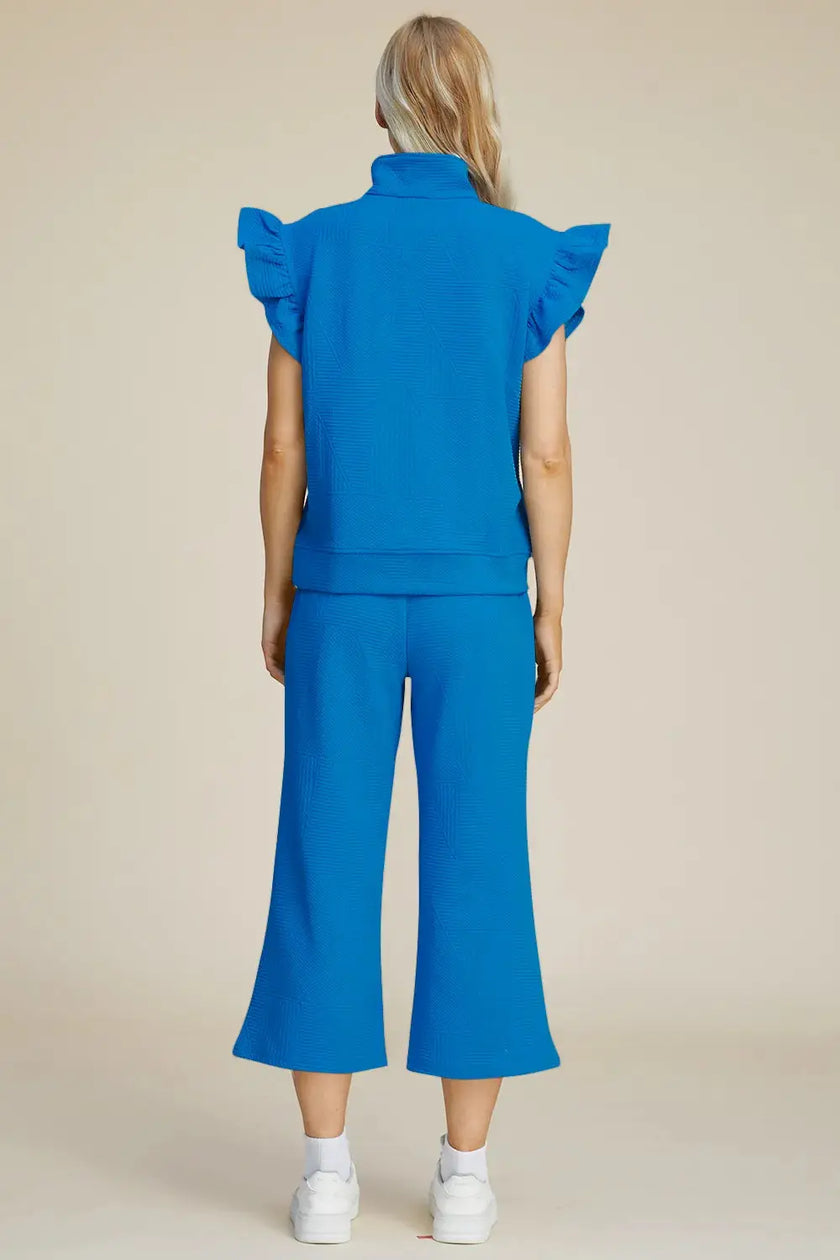 Double Take Full Size Texture Ruffle Short Sleeve Top and Wide Leg Pants Set  Style Ratio
