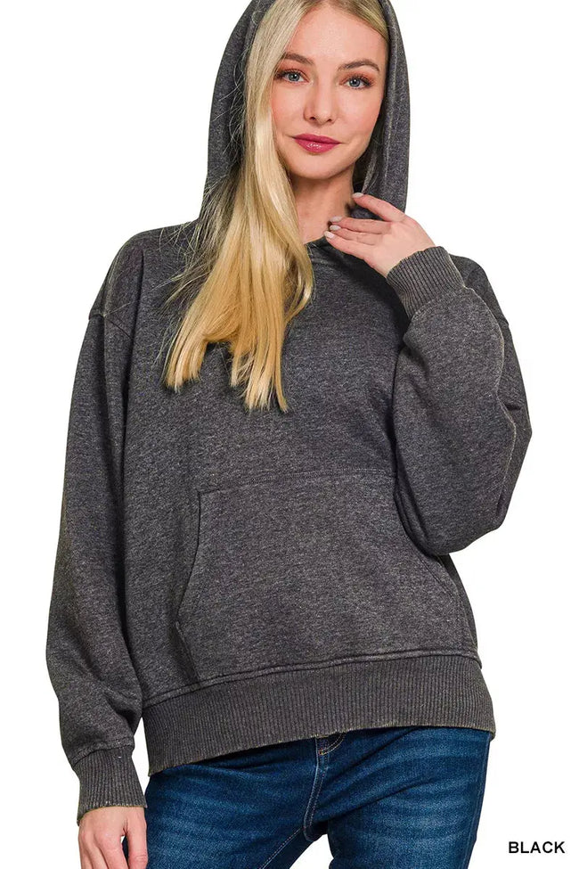 Zenana Fleece Acid Wash Kangaroo Pocket Hoodie  Style Ratio