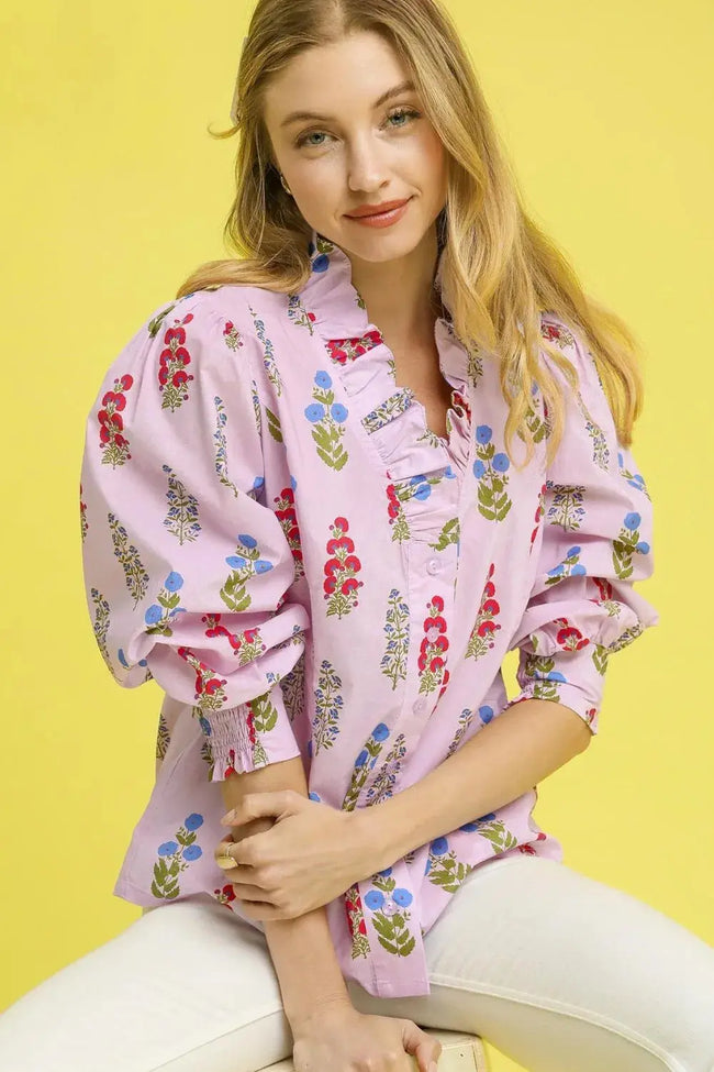Umgee Floral Print Lantern Sleeve Button Down Blouse  Style Ratio