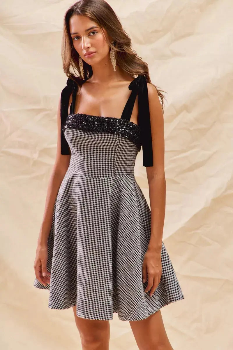 SO ME Houndstooth Fit Flare Mini Dress with Shoulder Tie  Style Ratio