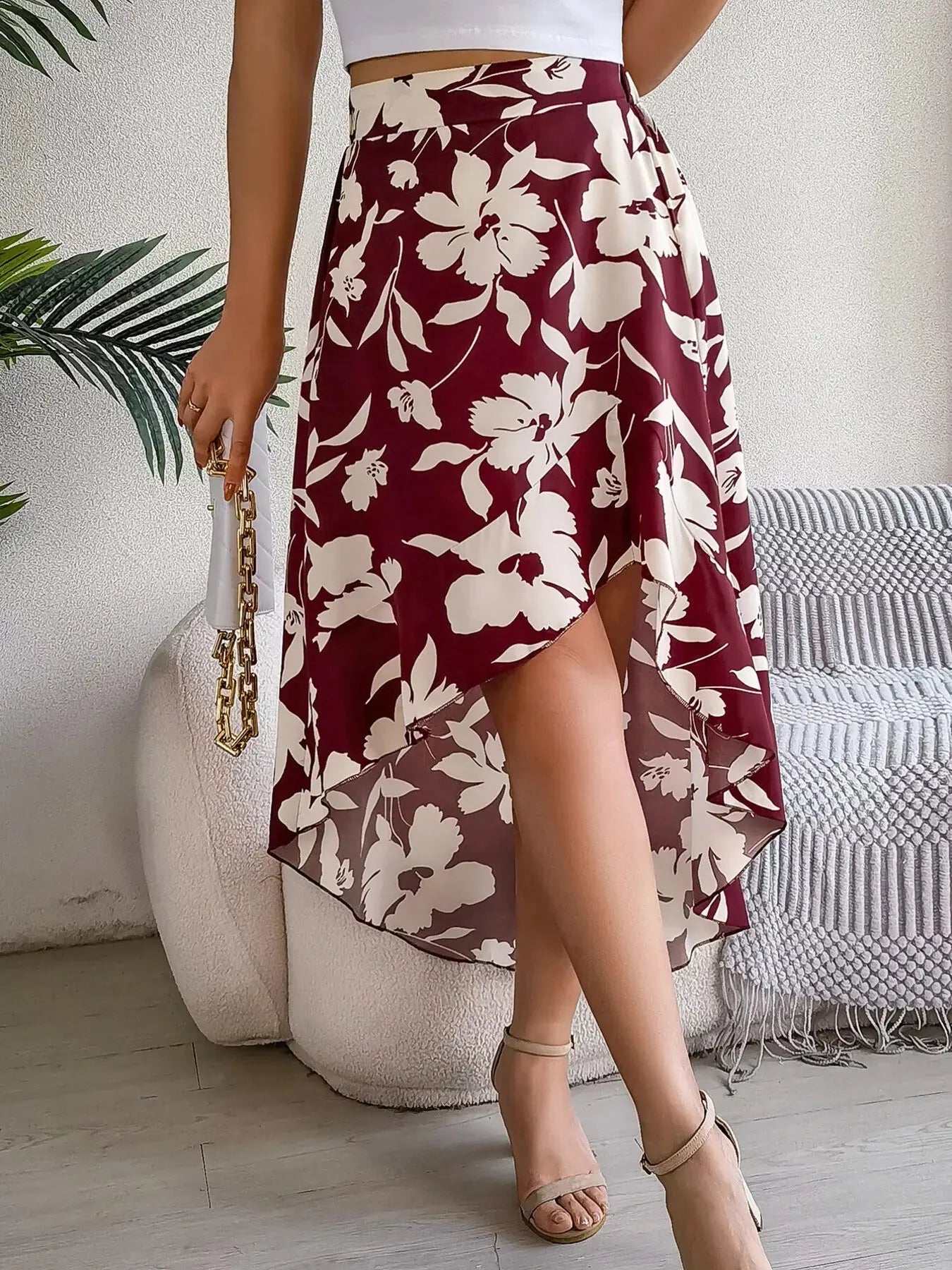 Floral Print Ruffle Hem Asymmetrical Skirt  Style Ratio
