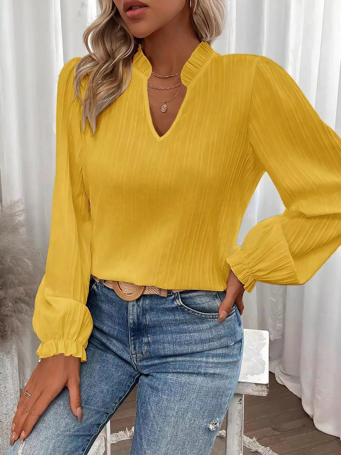 Ruffle Notched Long Sleeve Blouse  Style Ratio