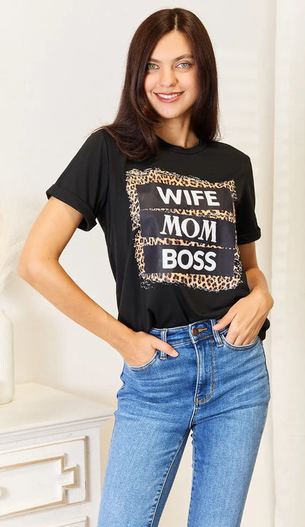 Wife Mom Boss Leopard Graphic Short Sleeve Shirt  Style Ratio