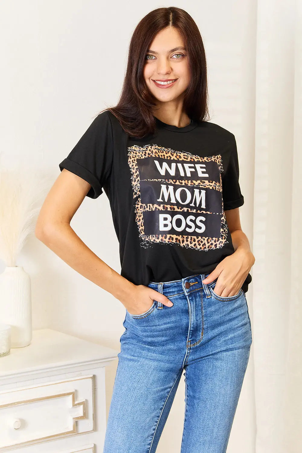 Wife Mom Boss Leopard Graphic Short Sleeve Shirt  Style Ratio