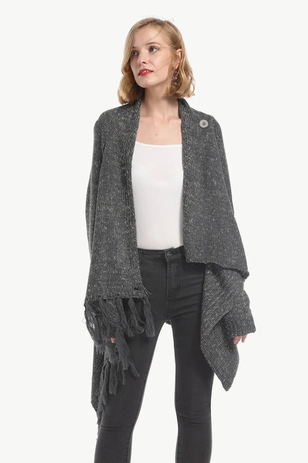 Angel Wings One-Button Tassel Tie Asymmetrical Hem Cardigan  Style Ratio