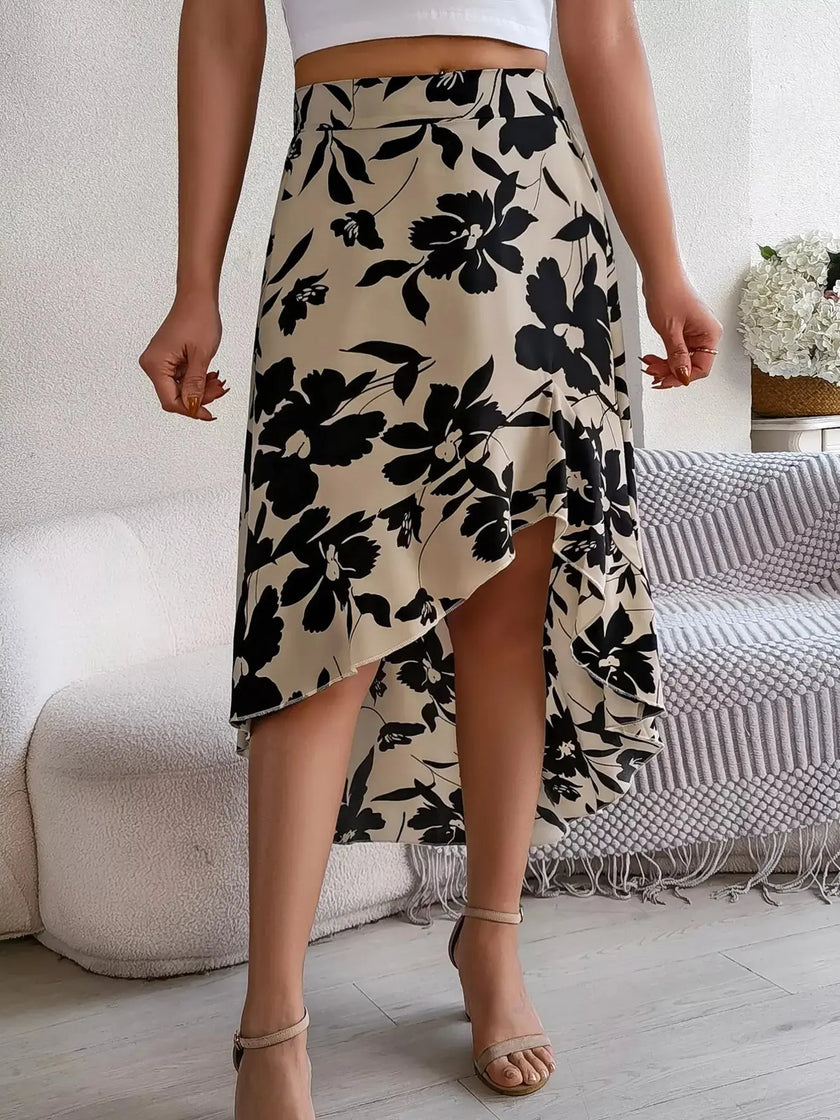 Floral Print Ruffle Hem Asymmetrical Skirt  Style Ratio