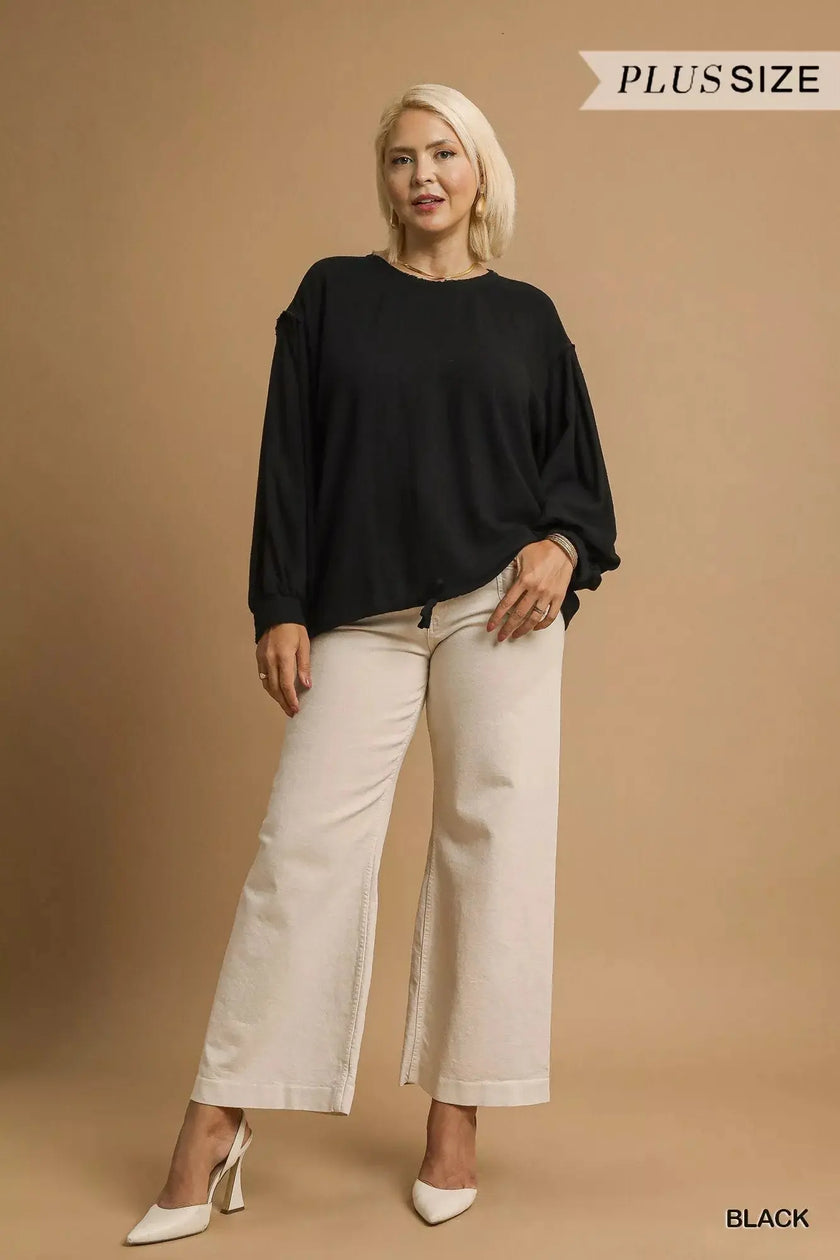 Umgee Full Size Linen Long Sleeve Top with Drawstring  Style Ratio