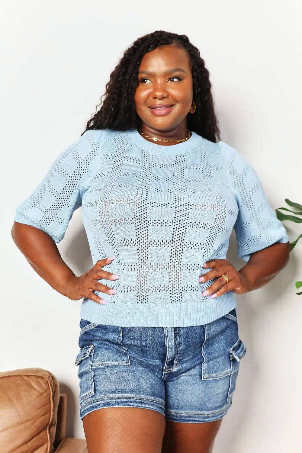 Mandy Ribbed Trim Round Neck Knit Blouse  Style Ratio