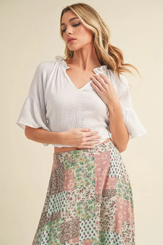 Aemi + Co Side Slit Notched Ruffled Half Sleeve Blouse  Style Ratio