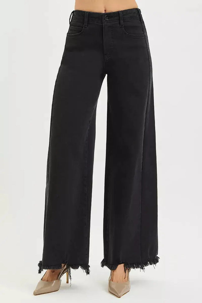 RISEN Tummy Control High Rise Palazzo Leg Frayed Hem Jeans  Style Ratio