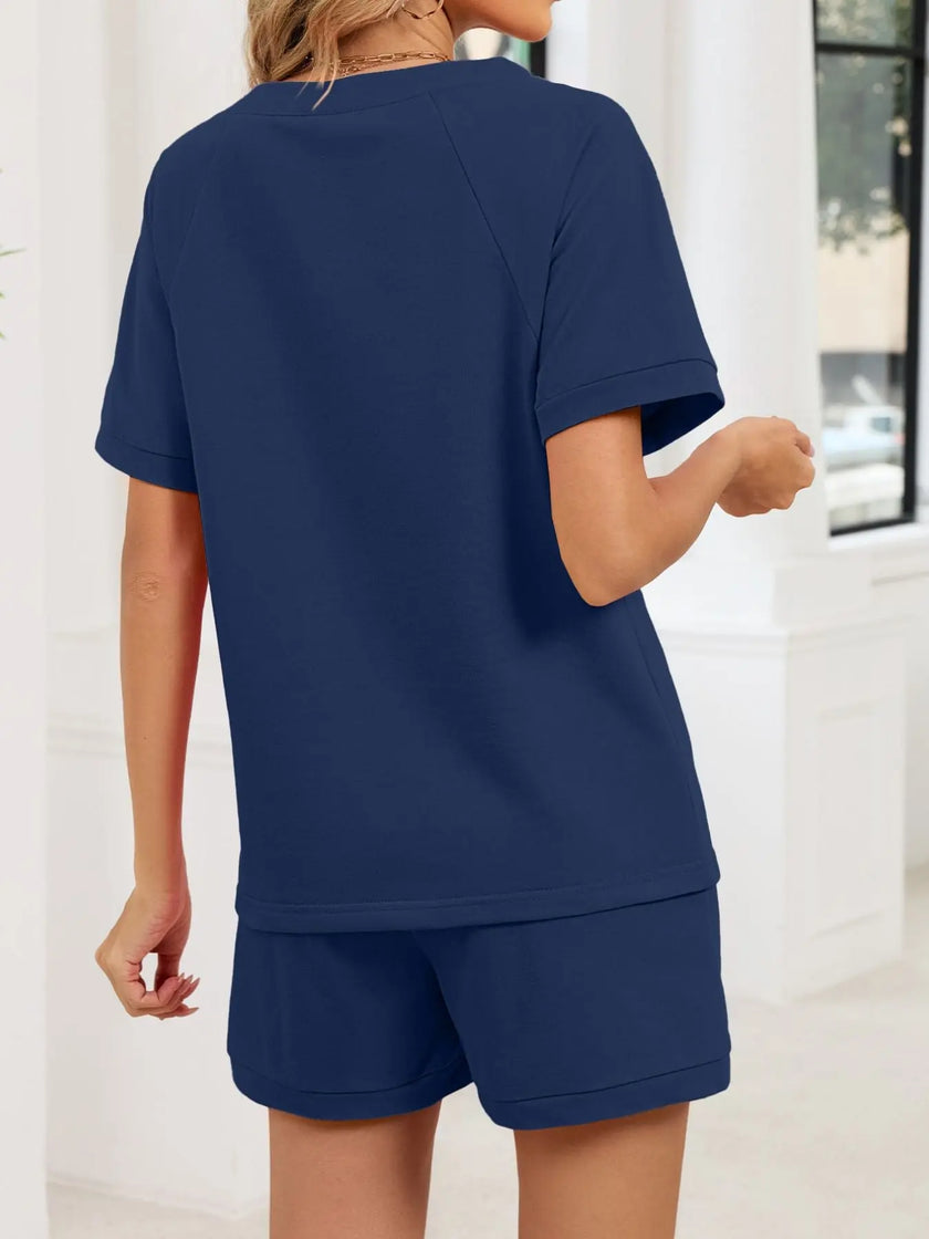 Notched Short Sleeve Top and Shorts Set  Style Ratio
